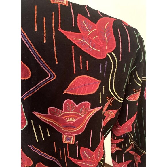 Women’s M Black Red Floral Jacket Embroidered Open Front Art to Wear Black boho - Picture 6 of 13